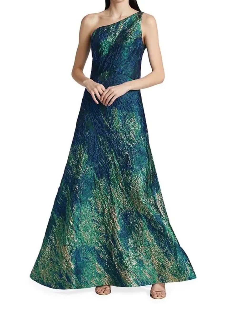 Rene Ruiz Collection Brocade One-Shoulder Gown in blue green gold sz 6